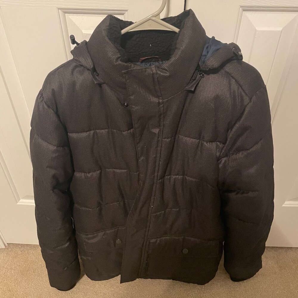 Old Navy Men's Gray/Black Hooded Puffer Jacket Medium (Good)